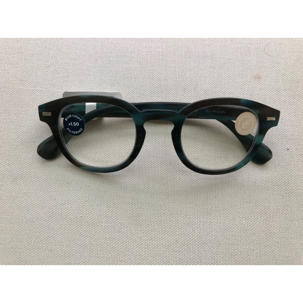 New Teal Faux Horn Round Peepers Blue Light Filtering Readers +1.50